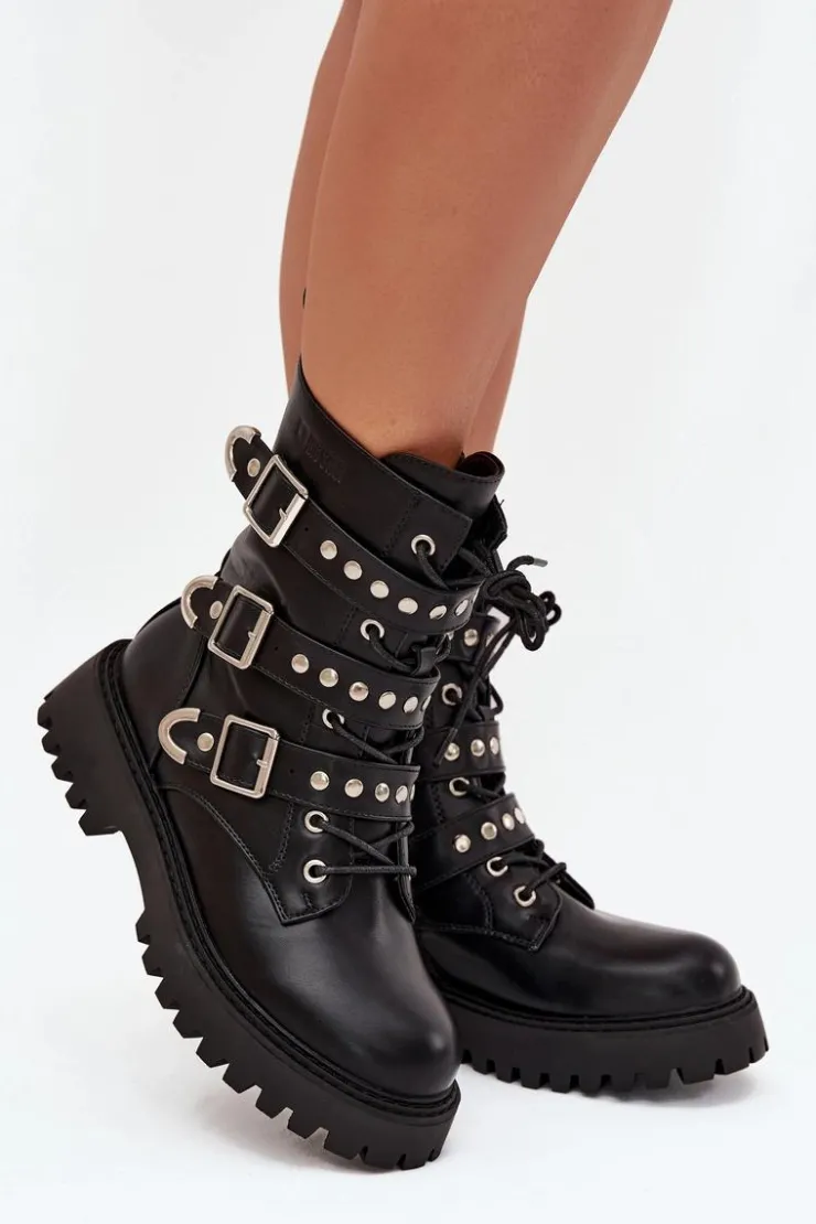 Outlet Big Star Shoes Ocieplane Botki Workery Z Paskami I Klamrami Big Star OO274707 Czarne