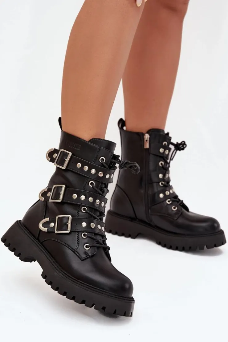 Outlet Big Star Shoes Ocieplane Botki Workery Z Paskami I Klamrami Big Star OO274707 Czarne