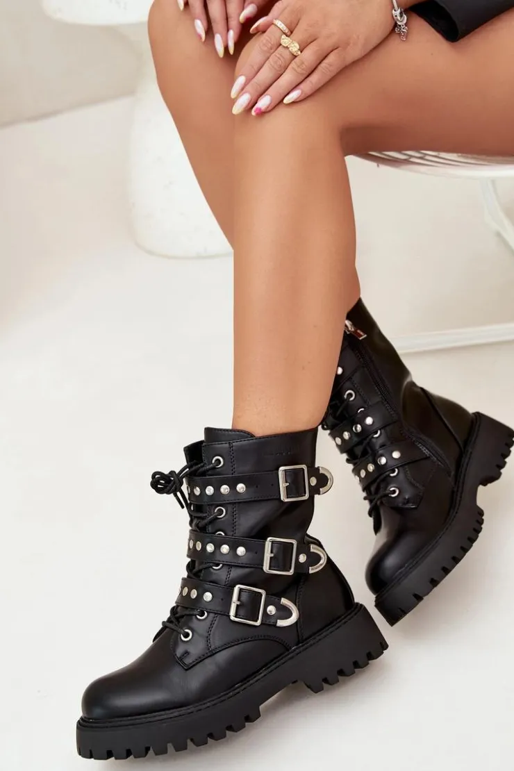 Outlet Big Star Shoes Ocieplane Botki Workery Z Paskami I Klamrami Big Star OO274707 Czarne