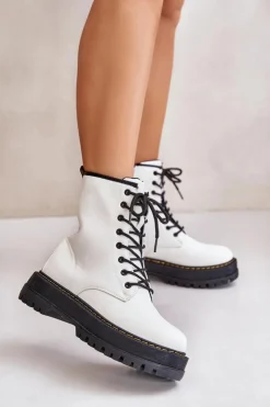 Evento Botki Ocieplane|Botki Sznurowane*Ocieplane Botki Workery z Eko Skóry Na Zamek Białe Naleli Biały