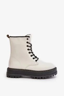 Evento Botki Ocieplane|Botki Sznurowane*Ocieplane Botki Workery z Eko Skóry Na Zamek Białe Naleli Biały