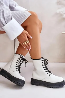 Evento Botki Ocieplane|Botki Sznurowane*Ocieplane Botki Workery z Eko Skóry Na Zamek Białe Naleli Biały