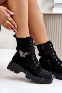 Discount Damskie buty S.Barski Ocieplane Botki Workery Ze Zdobieniem S.Barski HY42-281 Czarne