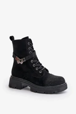 Discount Damskie buty S.Barski Ocieplane Botki Workery Ze Zdobieniem S.Barski HY42-281 Czarne