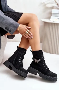 Discount Damskie buty S.Barski Ocieplane Botki Workery Ze Zdobieniem S.Barski HY42-281 Czarne