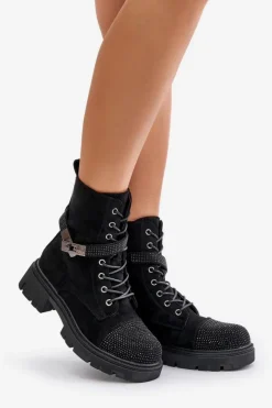 Discount Damskie buty S.Barski Ocieplane Botki Workery Ze Zdobieniem S.Barski HY42-281 Czarne