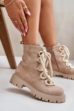 Damskie Boto Ocieplane Botki Z Eko Zamszu Na Zamek Jasnobeżowe Caellita