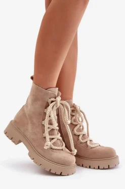 Damskie Boto Ocieplane Botki Z Eko Zamszu Na Zamek Jasnobeżowe Caellita