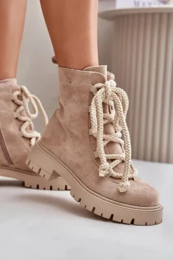 Damskie Boto Ocieplane Botki Z Eko Zamszu Na Zamek Jasnobeżowe Caellita