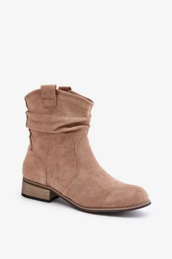 Clearance Evento Ocieplane Botki Z Marszczeniem Na Niskim Obcasie Beżowe Elletinnia Beżowy