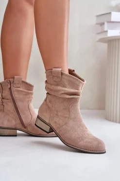 Clearance Evento Ocieplane Botki Z Marszczeniem Na Niskim Obcasie Beżowe Elletinnia Beżowy