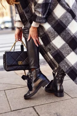 Boto Botki Sznurowane|Czarne Botki*Ocieplane Botki Z Metalowymi Perełkami I Wstążką Czarne Perla