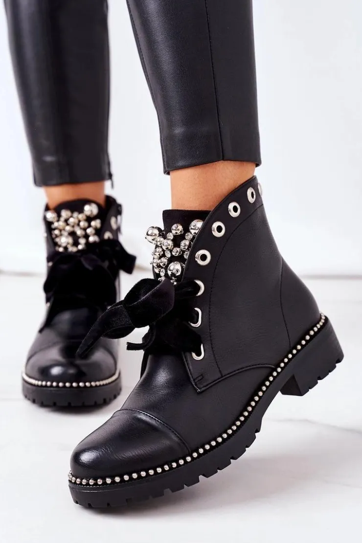 Clearance Boto Ocieplane Botki Z Metalowymi Perełkami, Dżetami I Wstążką Czarne Perla