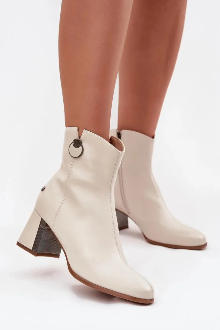 Maciejka Botki Maciejka|Botki Skórzane*Ocieplane Botki Z Naturalnej Skóry Na Słupku K7203-04 Beżowe