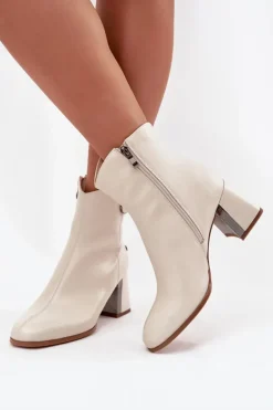 Maciejka Botki Maciejka|Botki Skórzane*Ocieplane Botki Z Naturalnej Skóry Na Słupku K7203-04 Beżowe