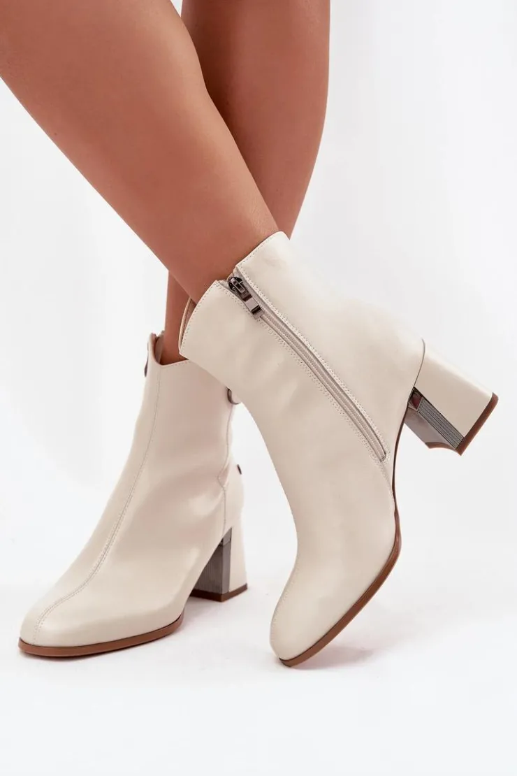 Maciejka Botki Maciejka|Botki Skórzane*Ocieplane Botki Z Naturalnej Skóry Na Słupku K7203-04 Beżowe