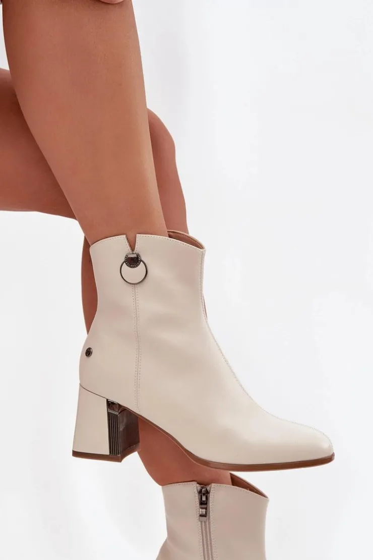 Maciejka Botki Maciejka|Botki Skórzane*Ocieplane Botki Z Naturalnej Skóry Na Słupku K7203-04 Beżowe
