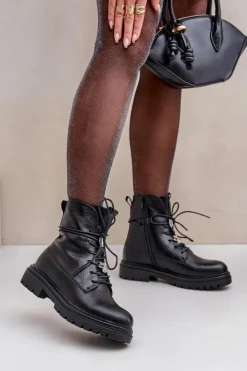 Damskie Evento Ocieplane Botki Z Przypinkami Na Sznurowaniu Czarne Irivina