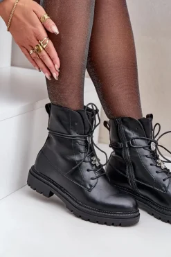 Damskie Evento Ocieplane Botki Z Przypinkami Na Sznurowaniu Czarne Irivina