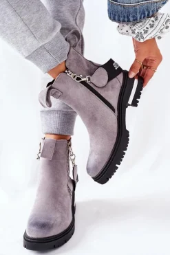 Damskie Boto Ocieplane Botki Z Suwakiem Szare Cortona