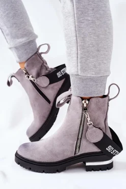 Damskie Boto Ocieplane Botki Z Suwakiem Szare Cortona