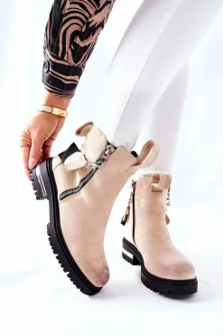 Boto Czarne Botki|Botki Zimowe Damskie*Ocieplane Botki Z Suwakiem Beżowe Cortona