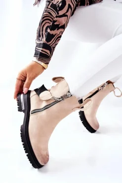 Boto Czarne Botki|Botki Zimowe Damskie*Ocieplane Botki Z Suwakiem Beżowe Cortona