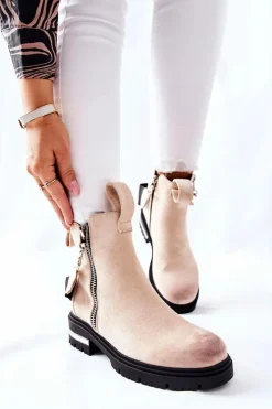 Boto Czarne Botki|Botki Zimowe Damskie*Ocieplane Botki Z Suwakiem Beżowe Cortona