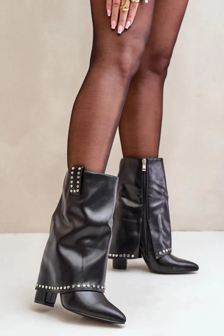 Sale Boto Ocieplane Botki Z Wywiniętą Cholewką Na Słupku Czarne Tamalis