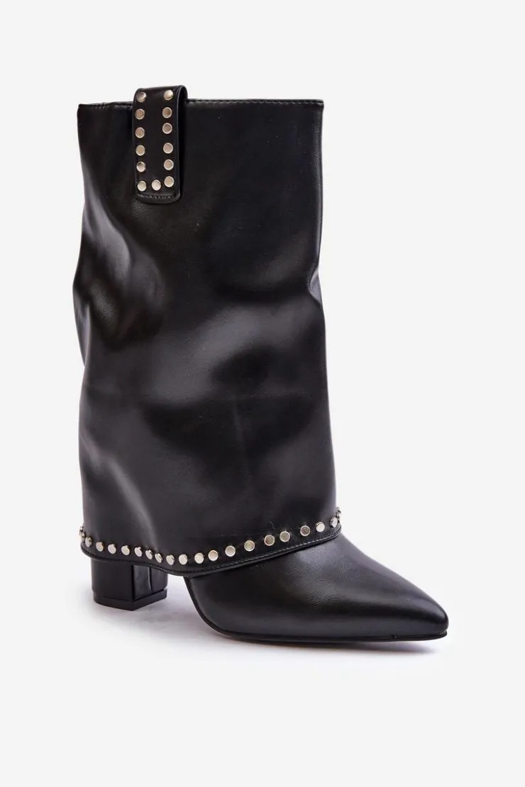 Sale Boto Ocieplane Botki Z Wywiniętą Cholewką Na Słupku Czarne Tamalis