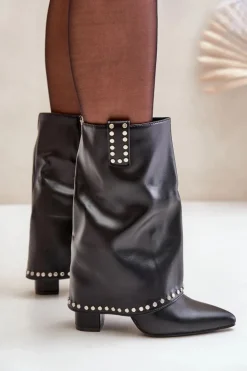 Sale Boto Ocieplane Botki Z Wywiniętą Cholewką Na Słupku Czarne Tamalis