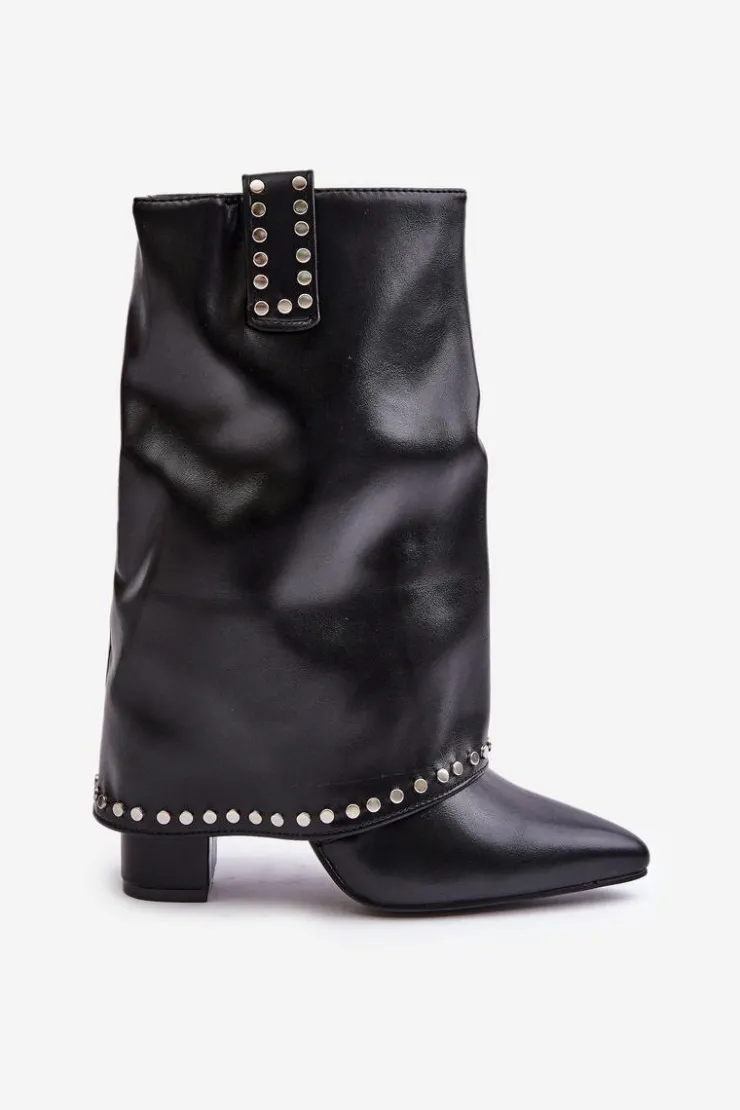 Sale Boto Ocieplane Botki Z Wywiniętą Cholewką Na Słupku Czarne Tamalis