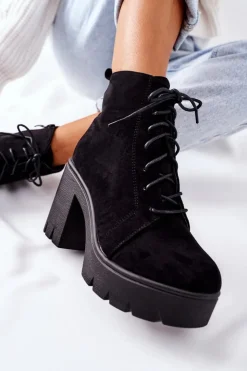 Damskie Boto Ocieplane Botki Zamszowe na Słupku Czarne Direction