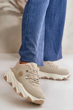Damskie Boto Ocieplane Buty Sportowe Damskie Sznurowane Na Platformie Beżowe Bialoa