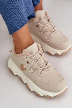 Damskie Boto Ocieplane Buty Sportowe Damskie Sznurowane Na Platformie Beżowe Bialoa