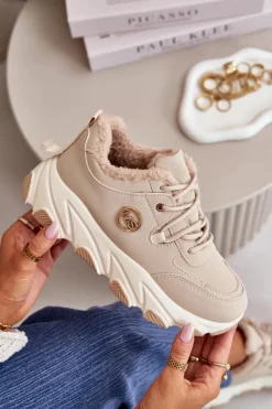 Damskie Boto Ocieplane Buty Sportowe Damskie Sznurowane Na Platformie Beżowe Bialoa