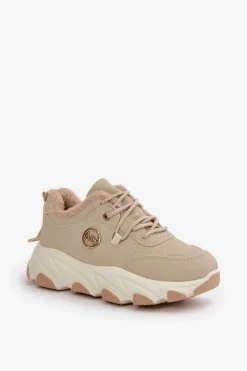 Damskie Boto Ocieplane Buty Sportowe Damskie Sznurowane Na Platformie Beżowe Bialoa