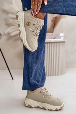 Damskie Boto Ocieplane Buty Sportowe Damskie Sznurowane Na Platformie Beżowe Bialoa