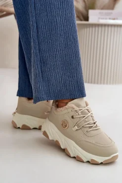 Damskie Boto Ocieplane Buty Sportowe Damskie Sznurowane Na Platformie Beżowe Bialoa