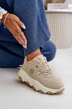 Damskie Boto Ocieplane Buty Sportowe Damskie Sznurowane Na Platformie Beżowe Bialoa