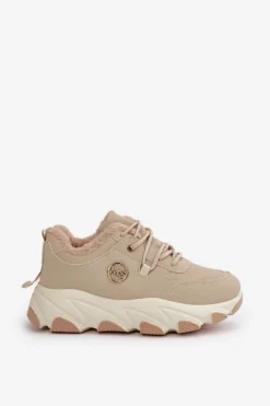 Damskie Boto Ocieplane Buty Sportowe Damskie Sznurowane Na Platformie Beżowe Bialoa