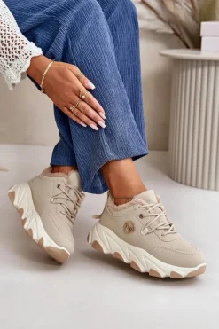 Damskie Boto Ocieplane Buty Sportowe Damskie Sznurowane Na Platformie Beżowe Bialoa