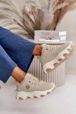 Damskie Boto Ocieplane Buty Sportowe Damskie Sznurowane Na Platformie Beżowe Bialoa