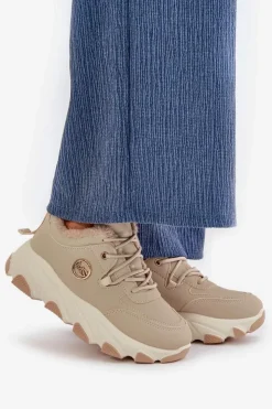 Damskie Boto Ocieplane Buty Sportowe Damskie Sznurowane Na Platformie Beżowe Bialoa