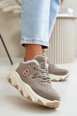 Damskie Boto Ocieplane Buty Sportowe Damskie Sznurowane Na Platformie Szare Bialoa