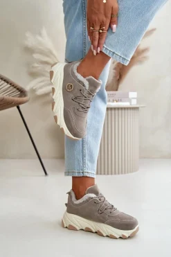 Damskie Boto Ocieplane Buty Sportowe Damskie Sznurowane Na Platformie Szare Bialoa