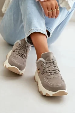 Damskie Boto Ocieplane Buty Sportowe Damskie Sznurowane Na Platformie Szare Bialoa