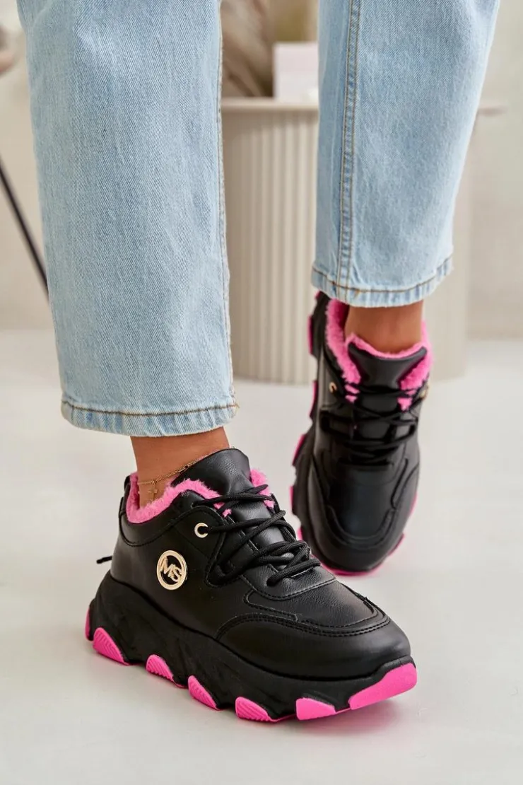 Boto Sneakersy Damskie|Botki Sznurowane*Ocieplane Buty Sportowe Damskie Sznurowane Na Platformie Czarne Bialoa Czarny