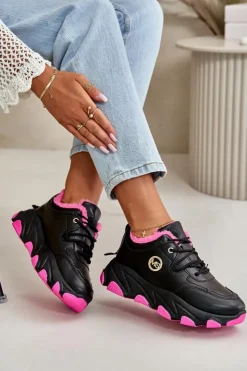 Boto Sneakersy Damskie|Botki Sznurowane*Ocieplane Buty Sportowe Damskie Sznurowane Na Platformie Czarne Bialoa Czarny