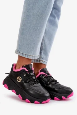 Boto Sneakersy Damskie|Botki Sznurowane*Ocieplane Buty Sportowe Damskie Sznurowane Na Platformie Czarne Bialoa Czarny